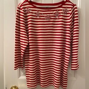 Talbots Sz 1X Red + White Striped 3/4 Sleeves Scoop Neck Top Tee w/Rhinestones